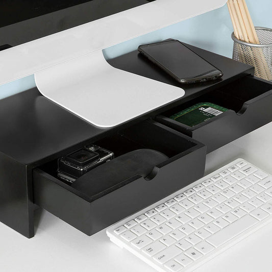 Black Monitor Stand Desk Organizer With 2 Drawers