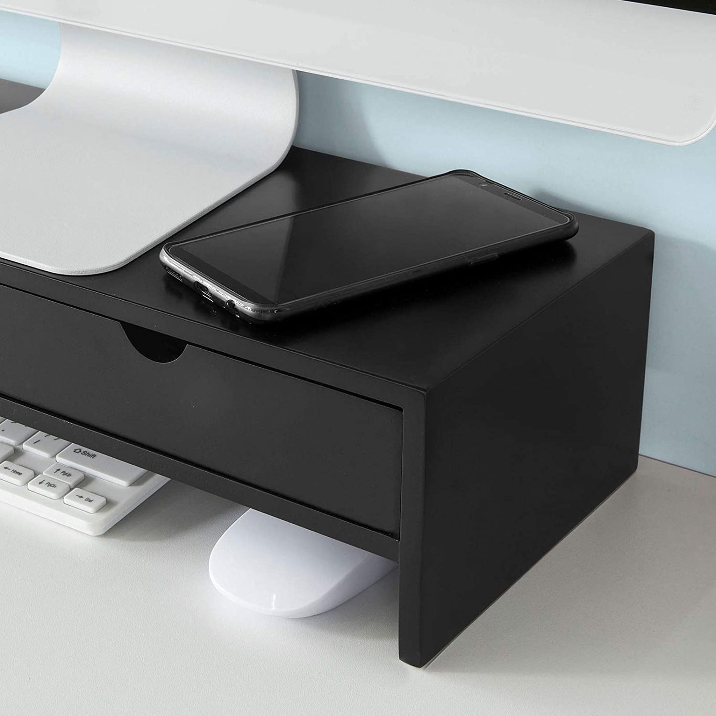 Black Monitor Stand Desk Organizer With 2 Drawers