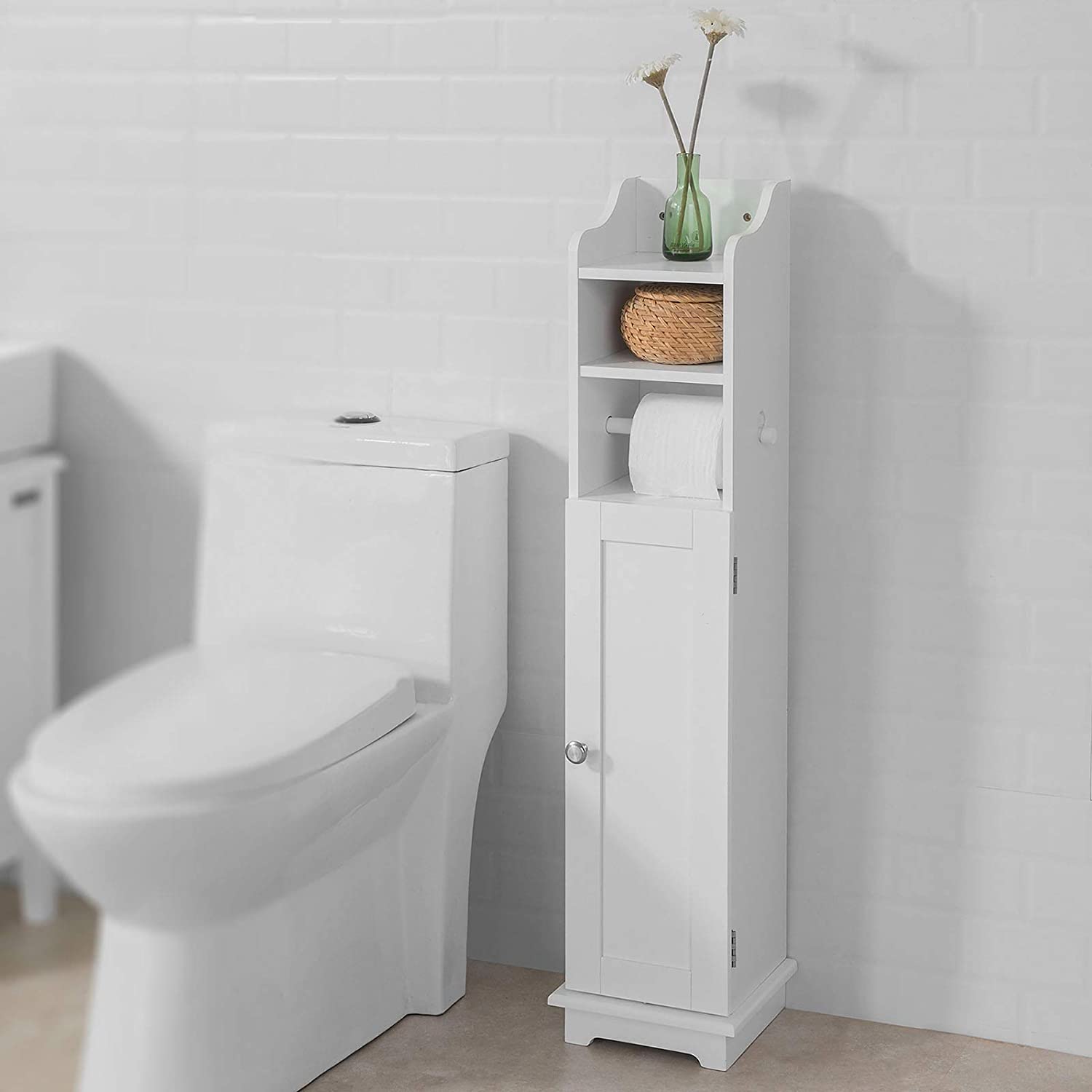 Toilet Paper Holder with Storage, Freestanding Cabinet