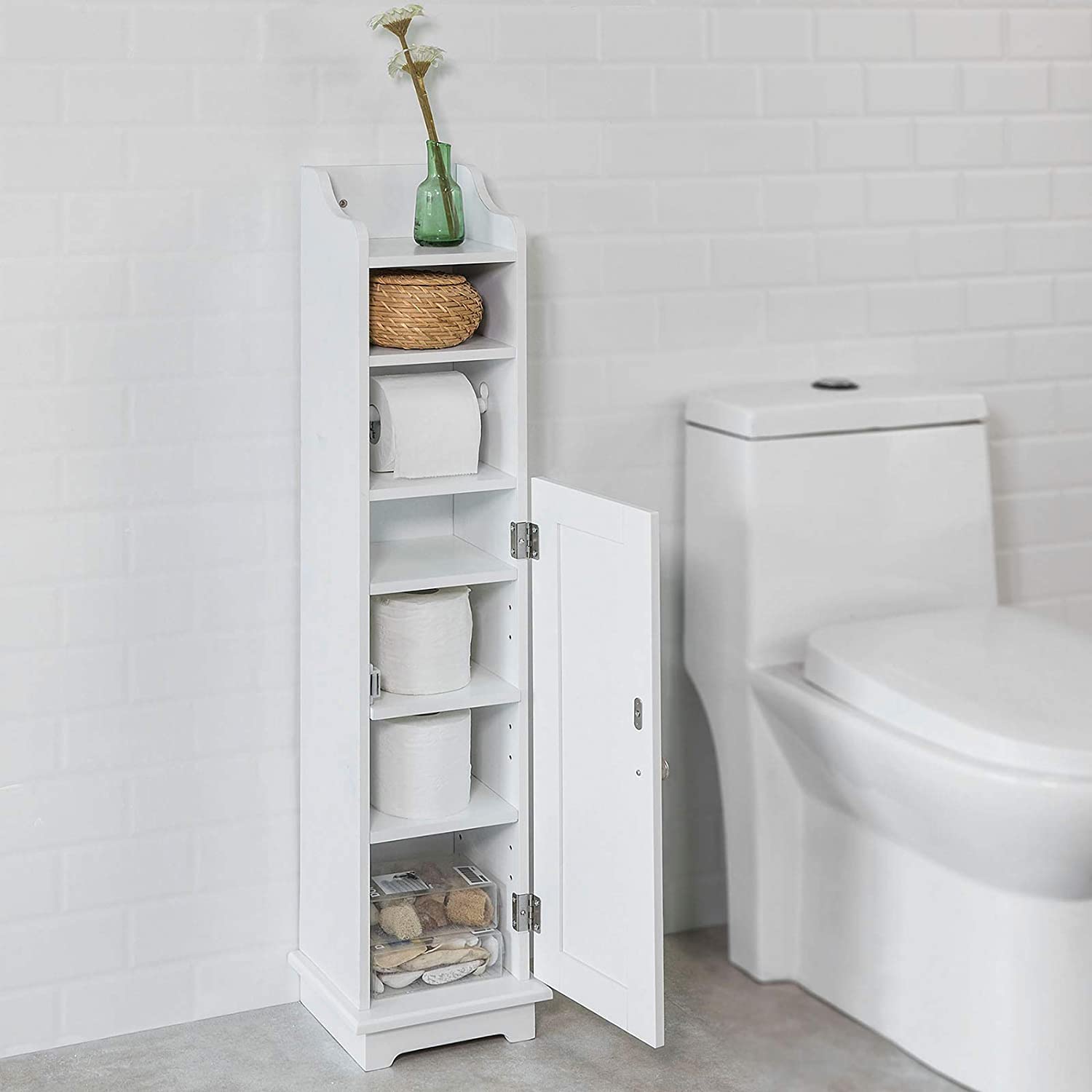 Toilet Paper Holder with Storage, Freestanding Cabinet