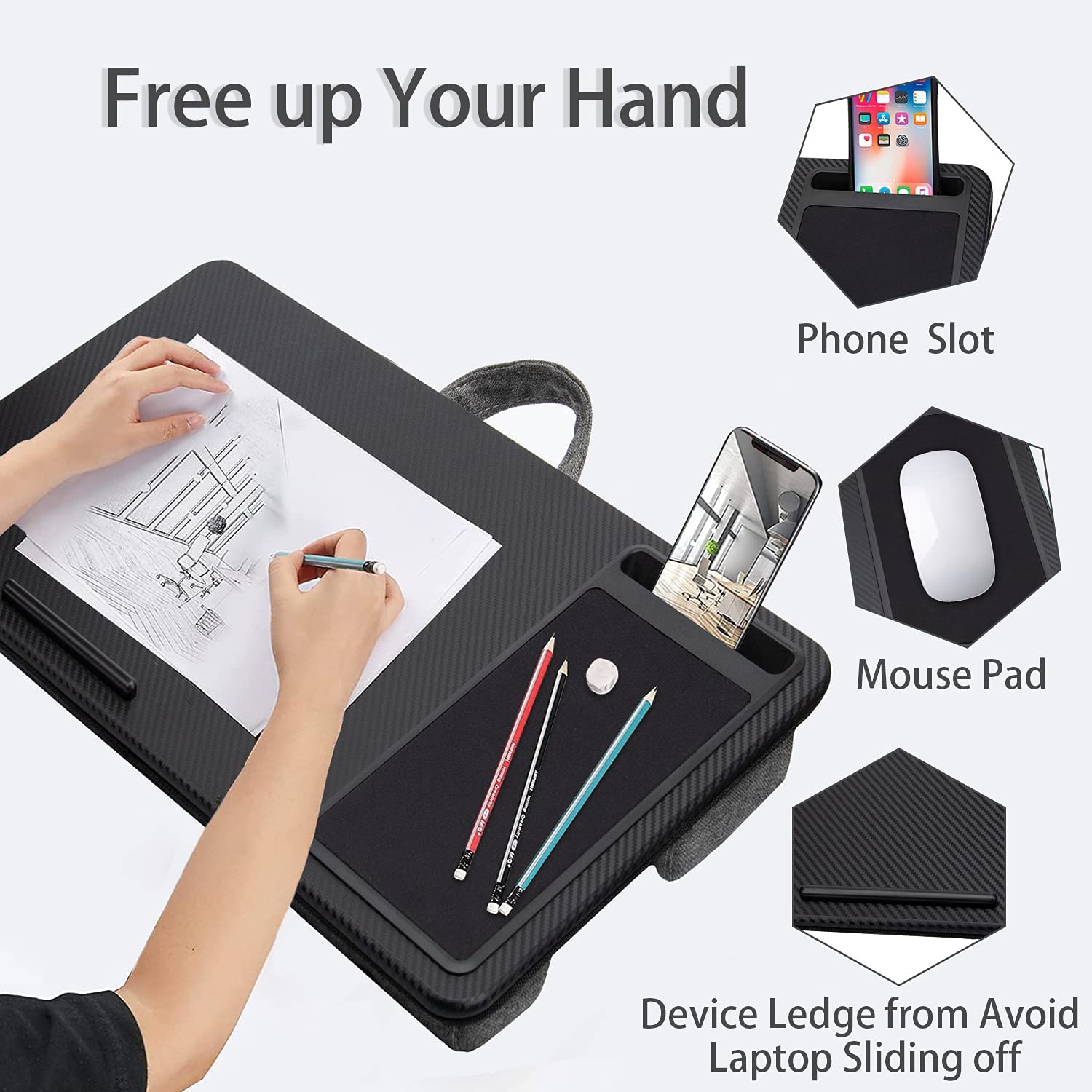 Laptop Desk With Device Ledge, Mouse Pad And Phone Holder (Black, 40Cm)