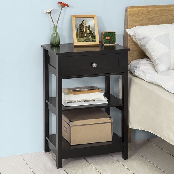  Black Bedside Table With 1 Drawer And 2 Shelves