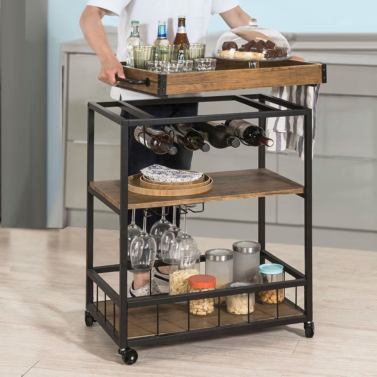 3-Tier Kitchen Serving Trolley With Wine Rack (Brown)