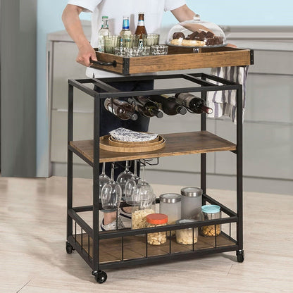 3-Tier Kitchen Serving Trolley With Wine Rack (Brown)