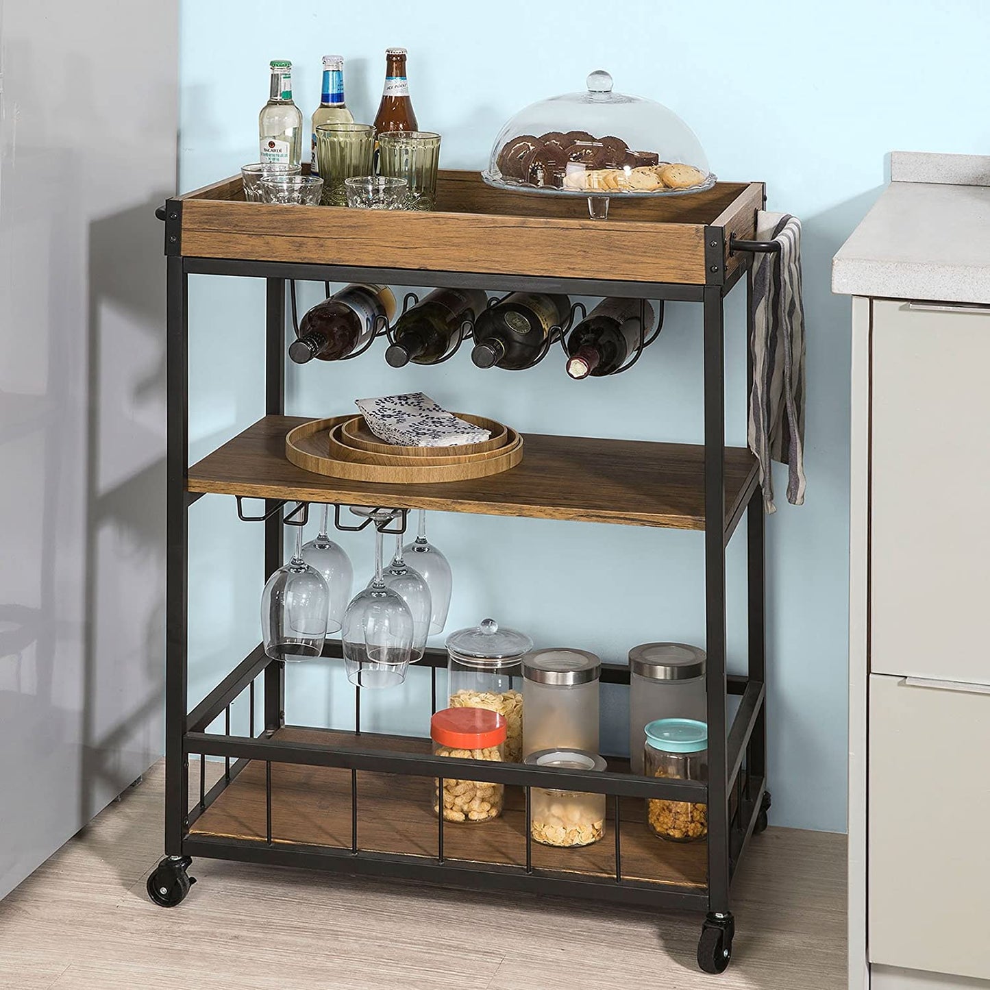 3-Tier Kitchen Serving Trolley With Wine Rack (Brown)
