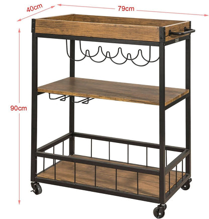 3-Tier Kitchen Serving Trolley With Wine Rack (Brown)