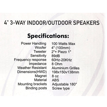 Indoor Outdoor Speaker Pair 3-Way 4"" Bookshelf Wall / Ceiling Mount