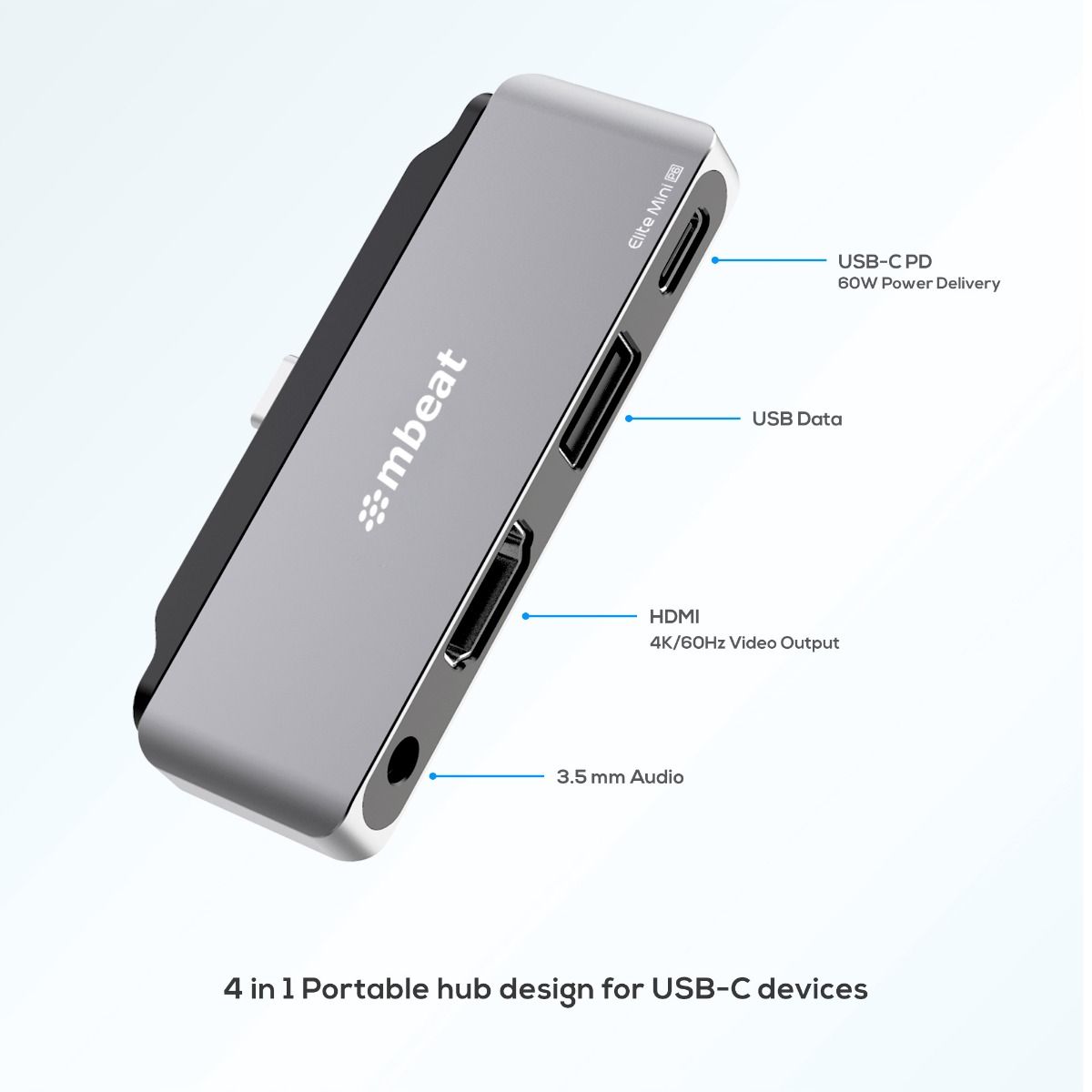 Elite Mini 4-In-1 Usb-C Mobile Hub For Ipad Pro, Usb-C Tablet And Laptop