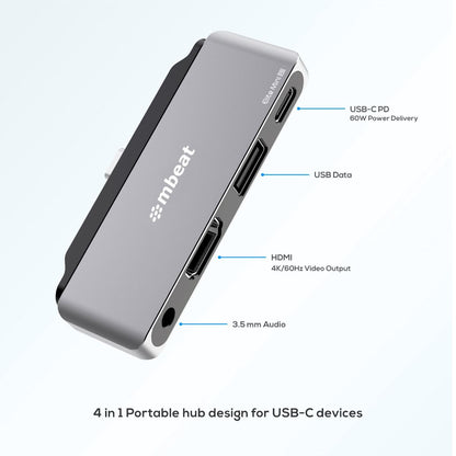 Elite Mini 4-In-1 Usb-C Mobile Hub For Ipad Pro, Usb-C Tablet And Laptop