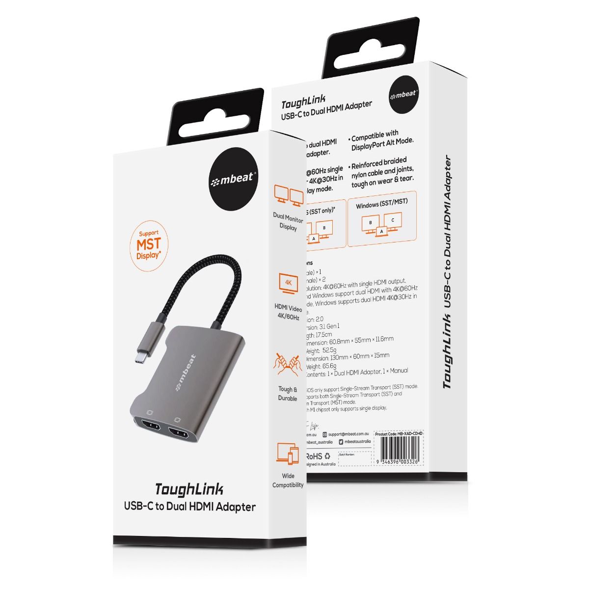 Mbeat Tough Link Usb-C To Dual 4K Hdmi Adapter - Space Grey