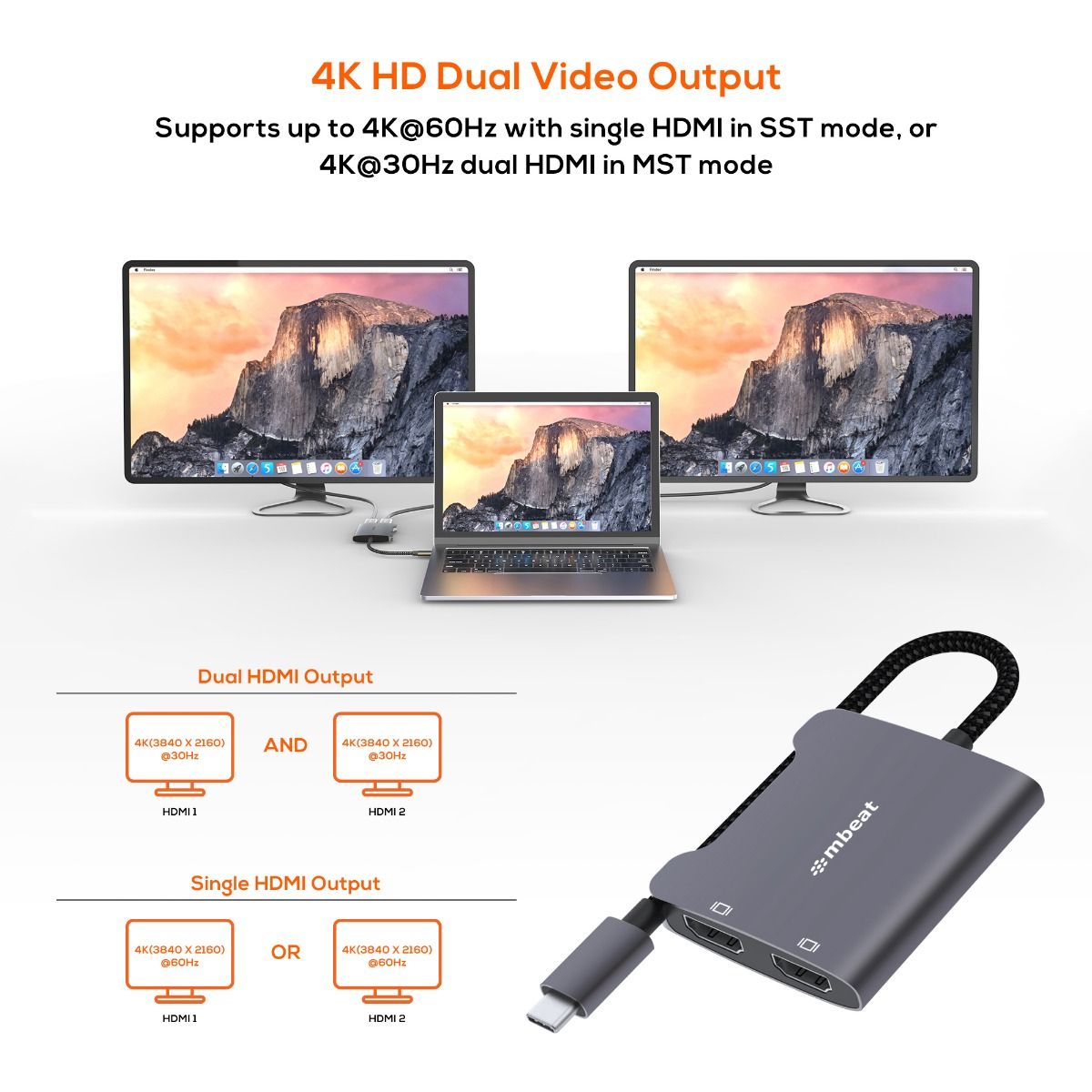 Mbeat Tough Link Usb-C To Dual 4K Hdmi Adapter - Space Grey