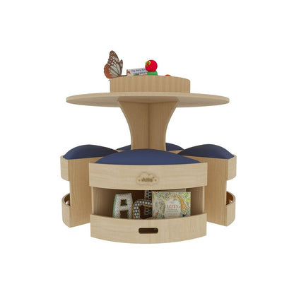 Kids Round Wooden Table with Storage Stools Blue - Set Of 5