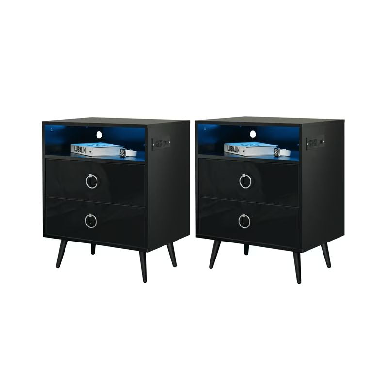 Amelia Modern LED Bedside table with USB and power socket black x 2