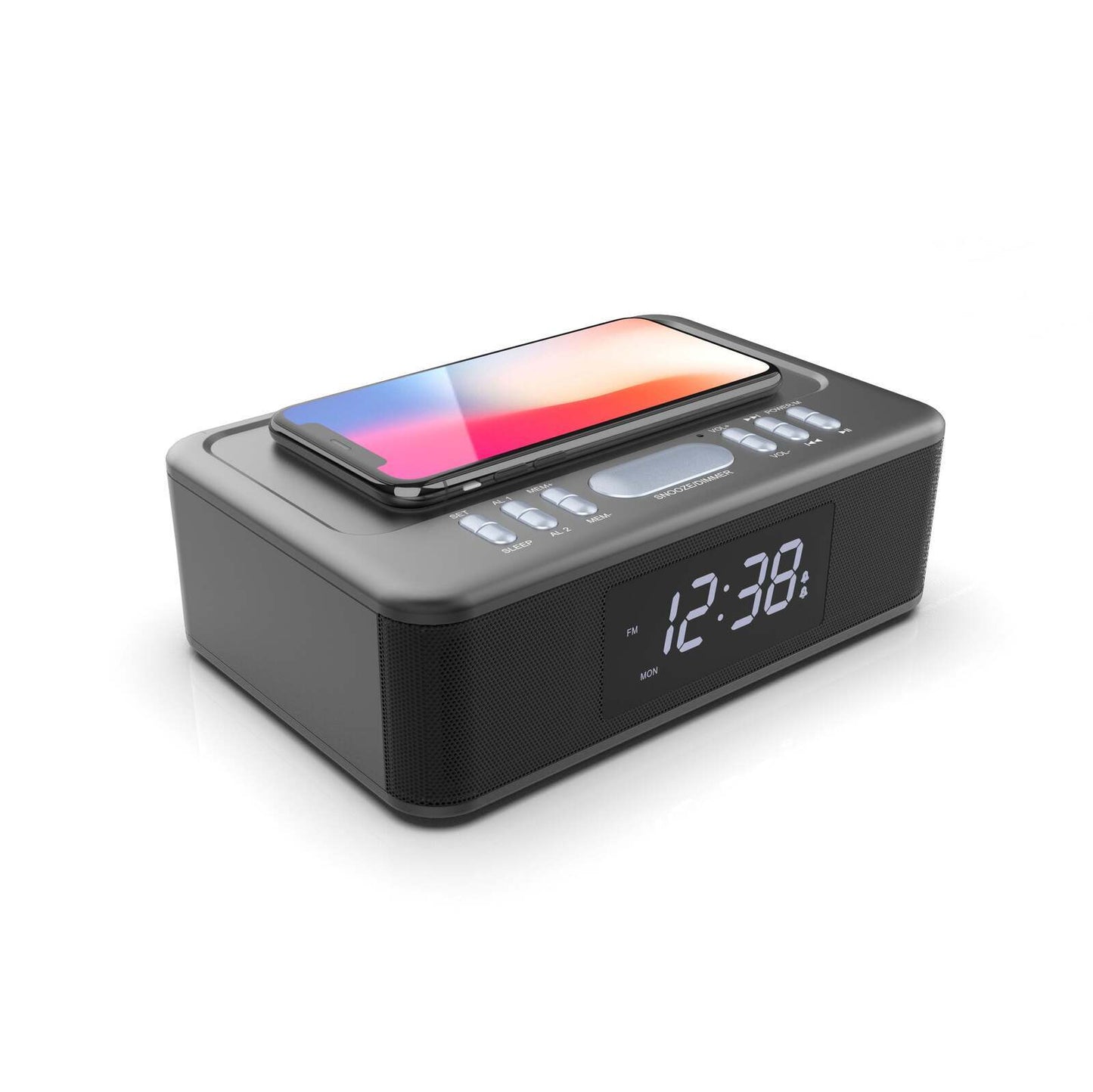 2-in-1 10W Wireless Charger & FM Radio Alarm Clock w/ USB/AUX