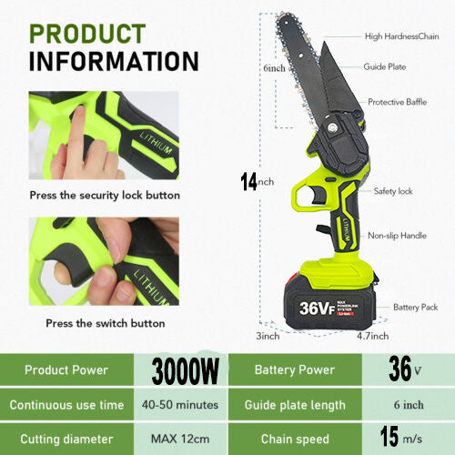 Mini Cordless Chainsaw (36V, 3000W, 2X Battery-Powered)