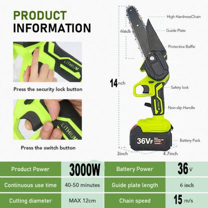 Mini Cordless Chainsaw (36V, 3000W, 2X Battery-Powered)