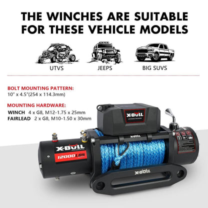 12V Electric Winch 12000LBS synthetic rope with 4PCS Recovery Tracks Gen3.0 Black