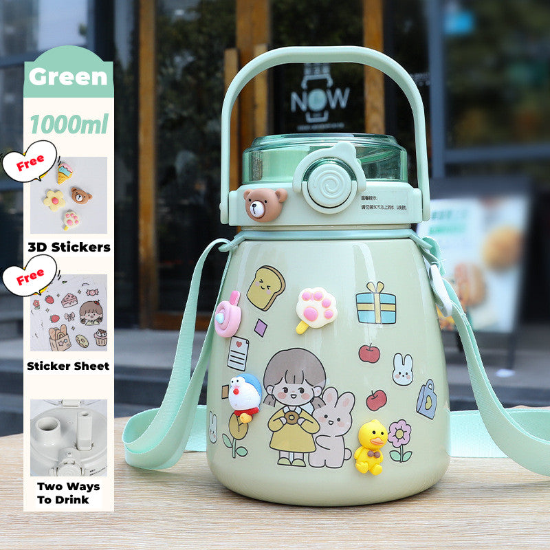 1000Ml Large Water Bottle Stainless Steel Straw Water Jug With Free Sticker Packs