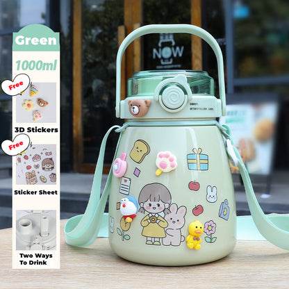 1000Ml Large Water Bottle Stainless Steel Straw Water Jug With Free Sticker Packs