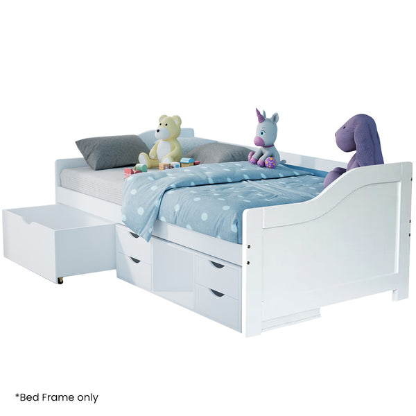  Wooden Single Sofa Bed Frame With Storage Drawers - White Slat