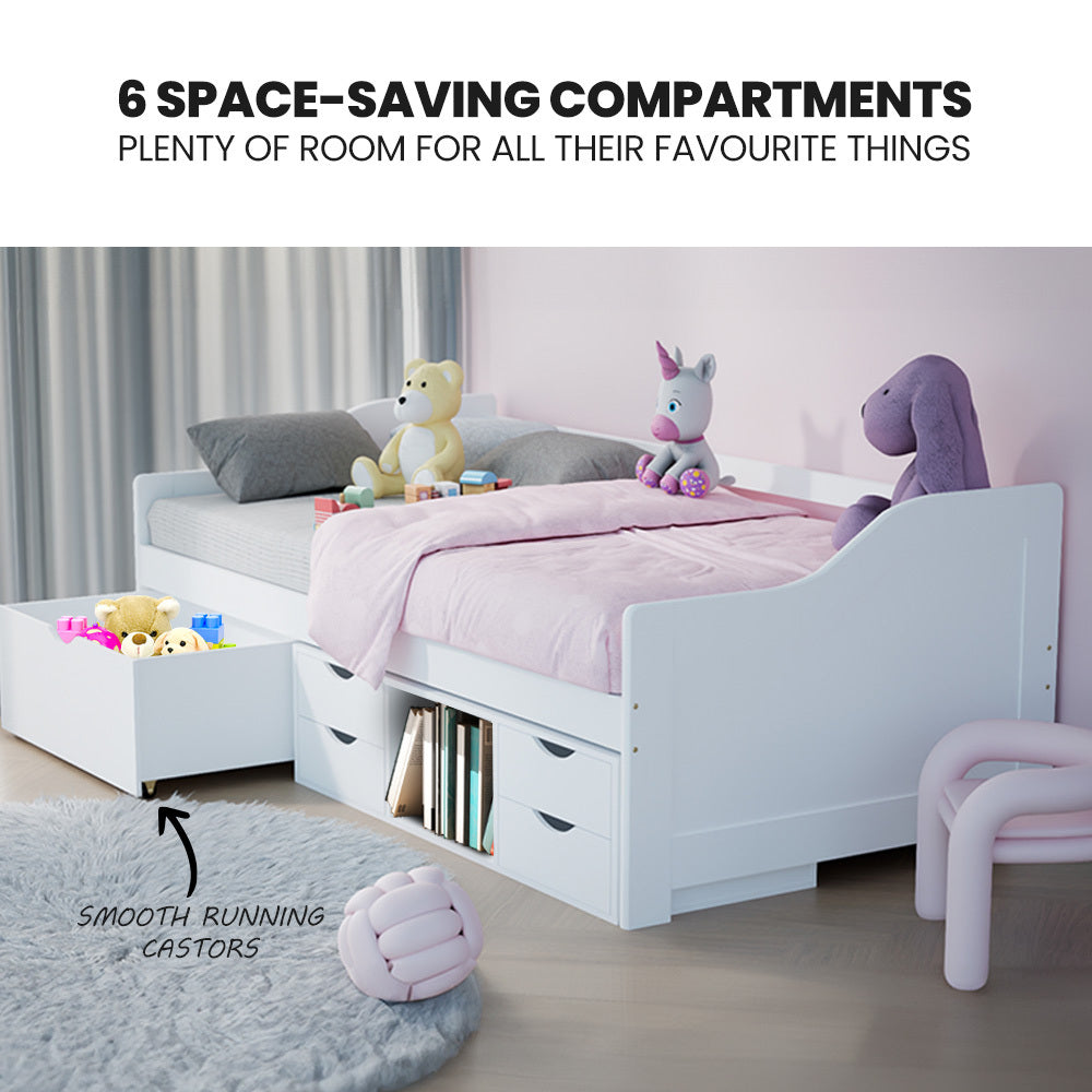 Wooden Single Sofa Bed Frame With Storage Drawers - White Slat