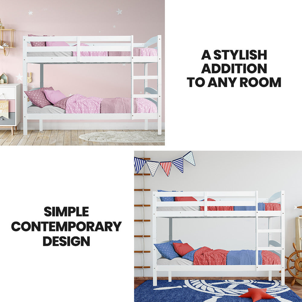 Single Bunk Bed Frame Solid Pine 2-In-1 Modular Design White Slat - 2