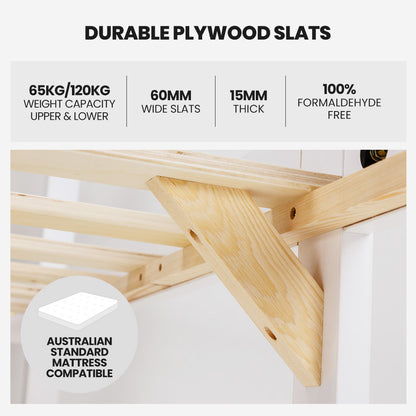 Single Bunk Bed Frame Solid Pine 2-In-1 Modular Design White Slat - 3