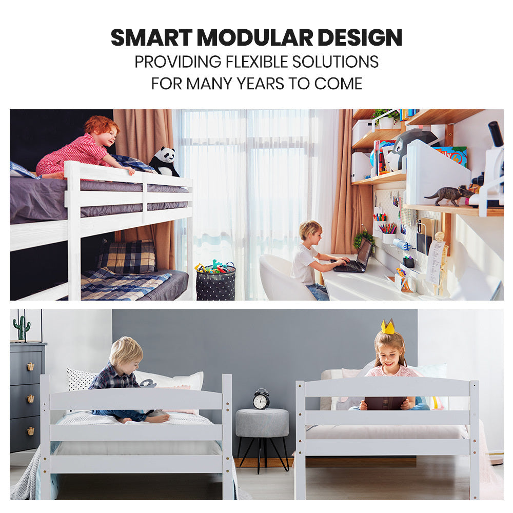 Single Bunk Bed Frame Solid Pine 2-In-1 Modular Design White Slat - 9
