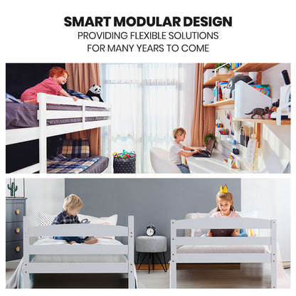 Single Bunk Bed Frame Solid Pine 2-In-1 Modular Design White Slat - 9
