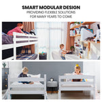 Single Bunk Bed Frame Solid Pine 2-In-1 Modular Design White Slat