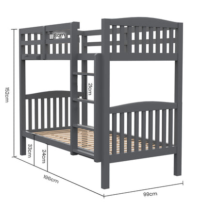 Single Bunk Bed Frame Solid Pine Wood Timber Modular Design Grey