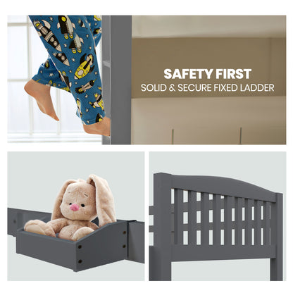 Single Bunk Bed Frame Solid Pine Wood Timber Modular Design Grey