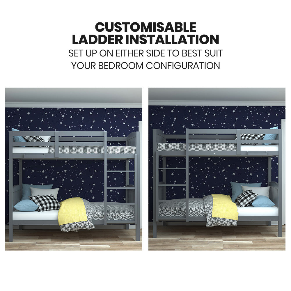 Single Bunk Bed Frame Solid Pine Wood Timber Modular Design Grey