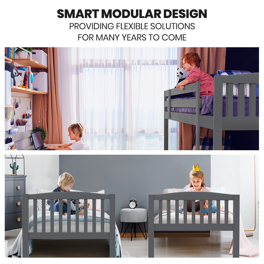 Single Bunk Bed Frame Solid Pine Wood Timber Modular Design Grey