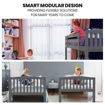Single Bunk Bed Frame Solid Pine Wood Timber Modular Design Grey