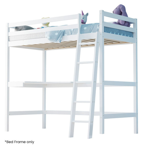  Wooden Kids Single Loft Bed Frame With Desk - White Slat Support
