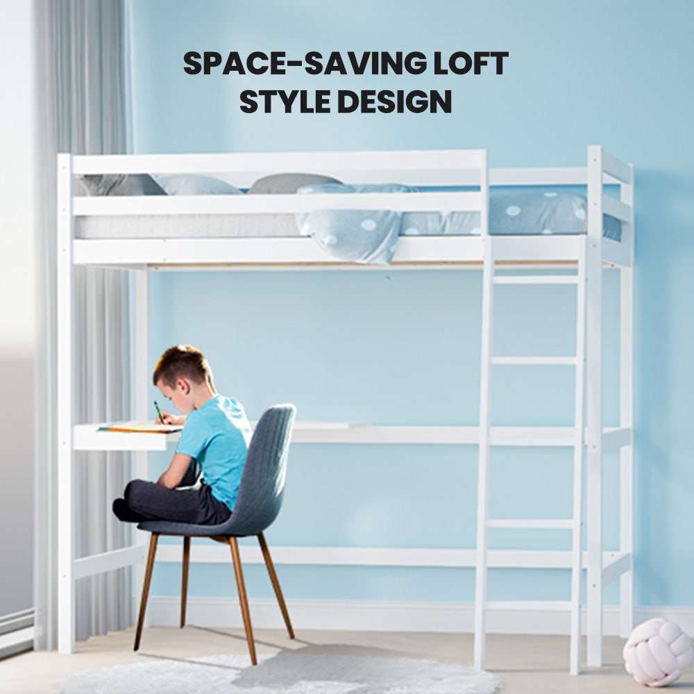 Wooden Kids Single Loft Bed Frame With Desk - White Slat Support