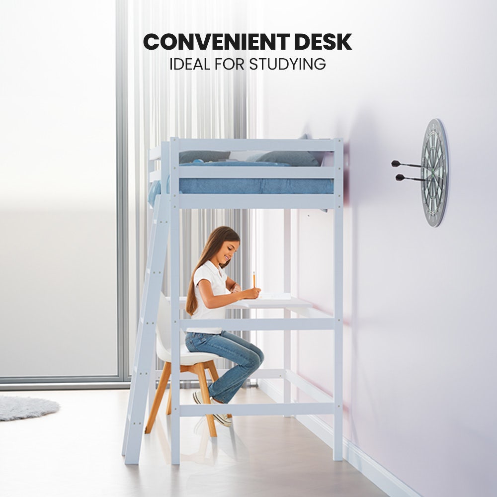 Wooden Kids Single Loft Bed Frame With Desk - White Slat Support