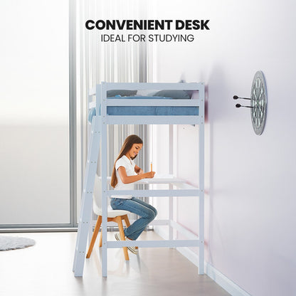 Wooden Kids Single Loft Bed Frame With Desk - White Slat Support