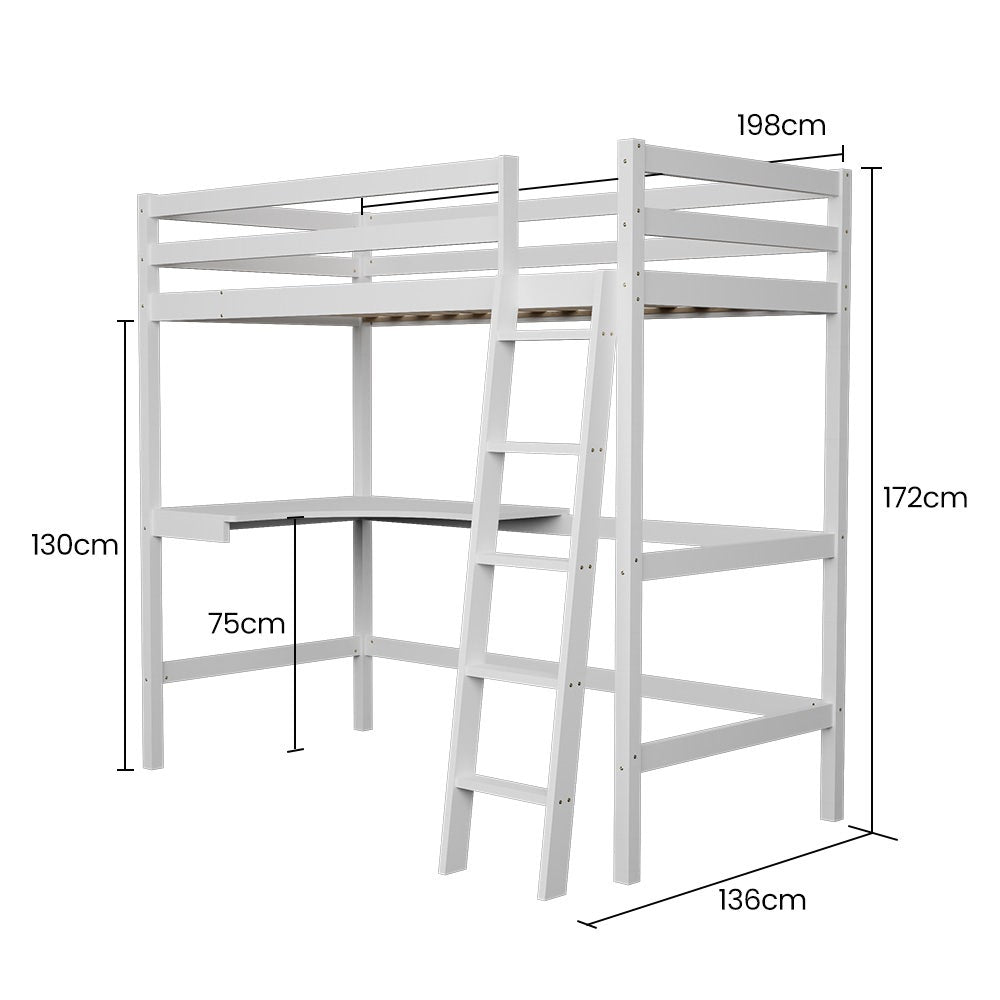 Wooden Kids Single Loft Bed Frame With Desk - White Slat Support