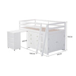 Wooden Kids Single Loft Bed Frame With Pull Out Desk Storage