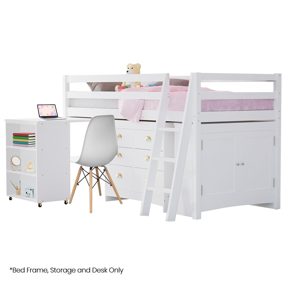 Wooden Kids Single Loft Bed Frame With Pull Out Desk Storage