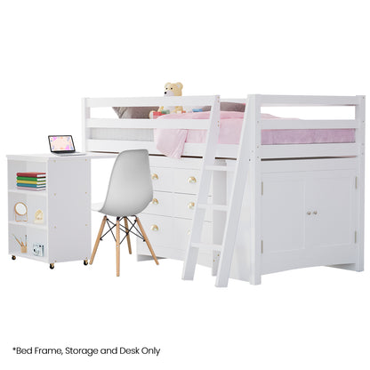 Wooden Kids Single Loft Bed Frame With Pull Out Desk Storage