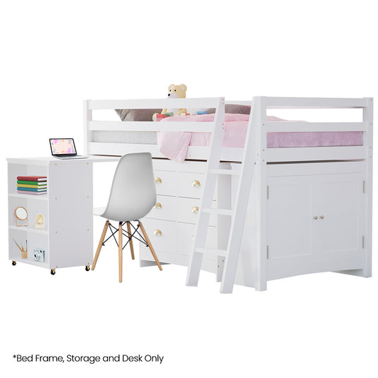 Wooden Kids Single Loft Bed Frame With Pull Out Desk Storage