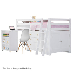 Wooden Kids Single Loft Bed Frame With Pull Out Desk Storage