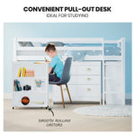 Wooden Kids Single Loft Bed Frame With Pull Out Desk Storage