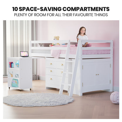Wooden Kids Single Loft Bed Frame With Pull Out Desk Storage