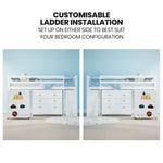 Wooden Kids Single Loft Bed Frame With Pull Out Desk Storage