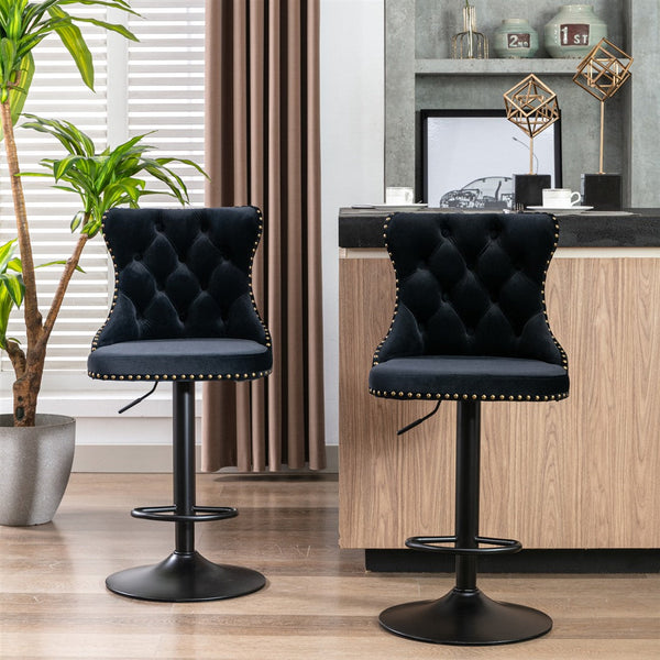  2X Height Adjustable Swivel Bar Stool Velvet Nailhead Barstool With Footrest Grey/Black