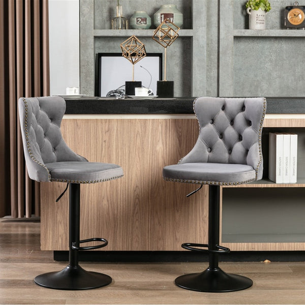  2X Height Adjustable Swivel Bar Stool Velvet Nailhead Barstool With Footrest Grey/Black